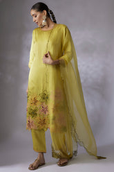 Lime green silk linen satin Embroidered Kurta Set